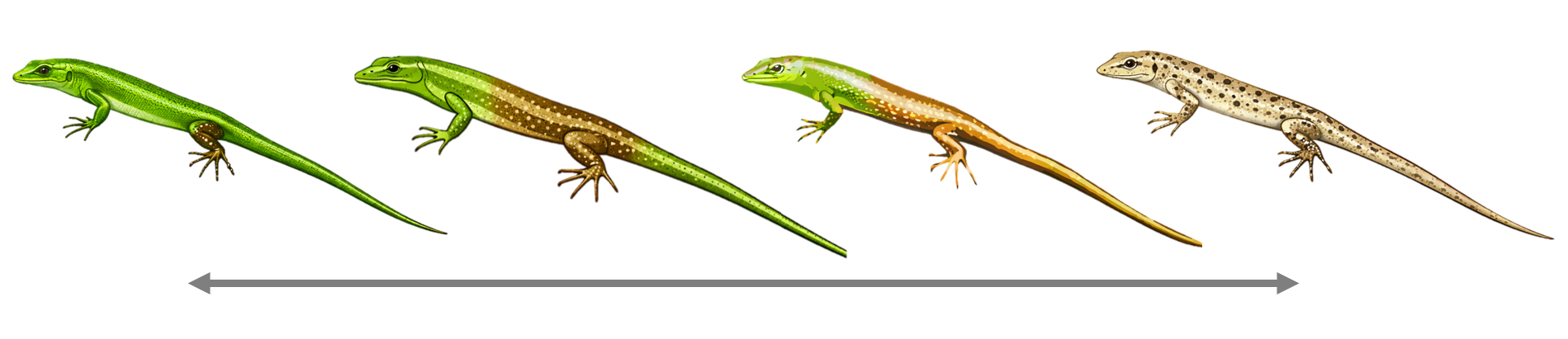 Four illustrated skinks in a row showing brown spreading from the hindlimbs across the body, from all-green through saddleback and 50-50 to fully brown
